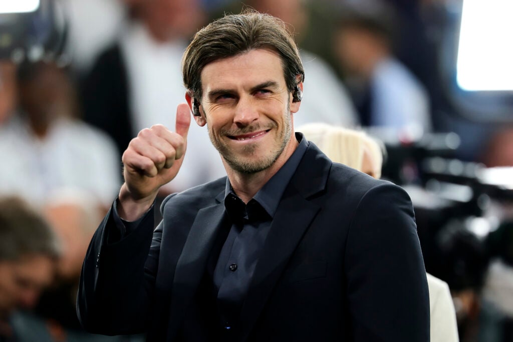 Gareth Bale looks on ahead of the 2024/2025 Europa League Final football match between Tottenham Hotspur and Manchester United at San Mames stadium.