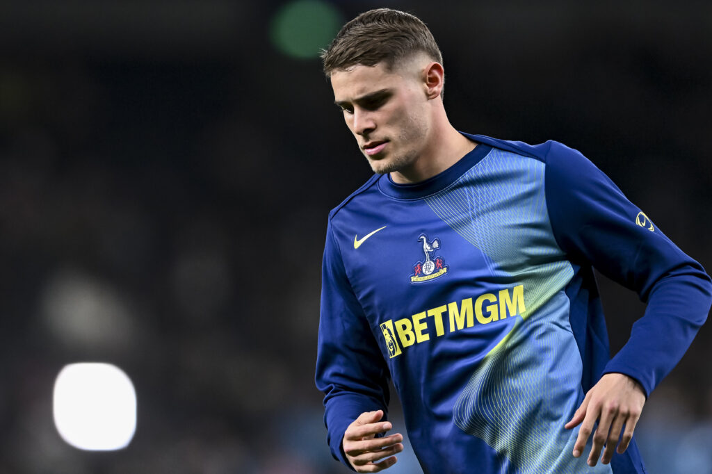 Micky van de Ven of Tottenham Hotspur looks on during the UEFA Champions League 2025/26 League Phase MD6 match between Tottenham Hotspur and SK Slavia Praha at Tottenham Hotspur Stadium.