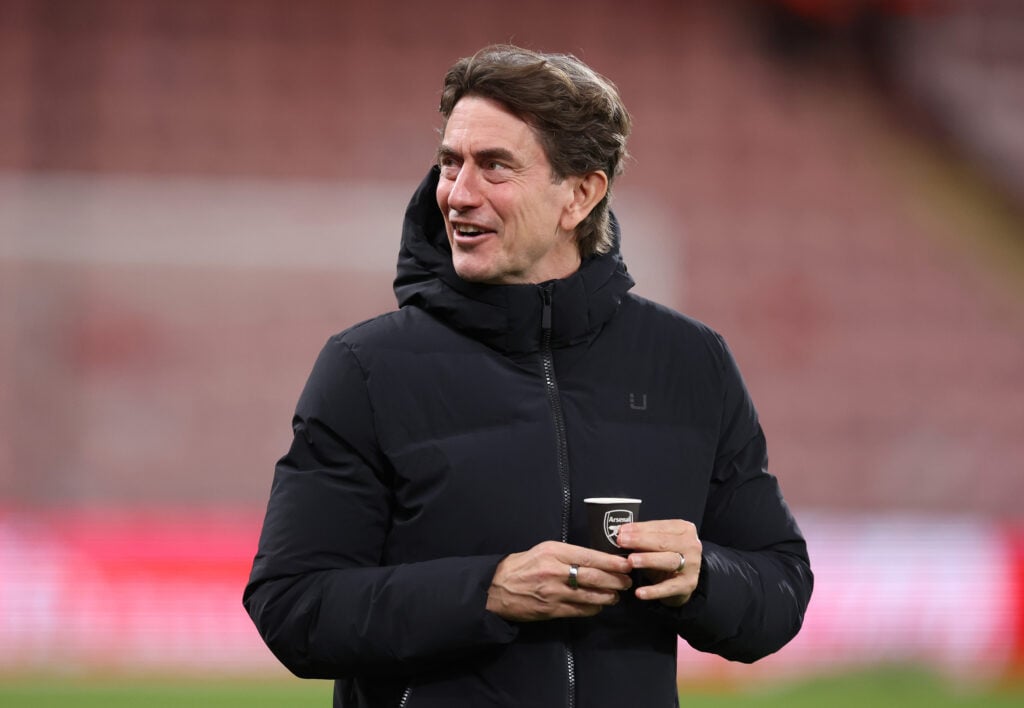 Thomas Frank manager / head coach of Tottenham Hotspur holding a cup with the Arsenal club badge on ahead of the Premier League match between Bournemouth and Tottenham Hotspur at Vitality Stadium