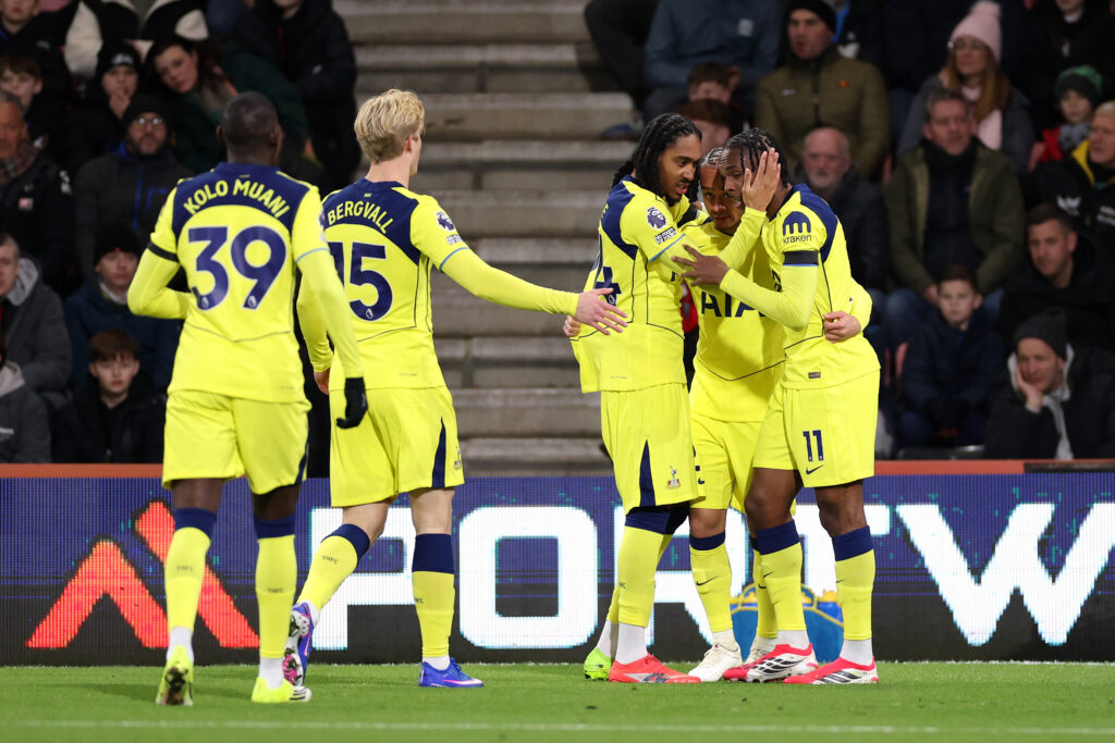 Mathys Tel of Tottenham Hotspur celebrates scoring his team's first goal with his teammates during the Premier League match against Bournemouth.