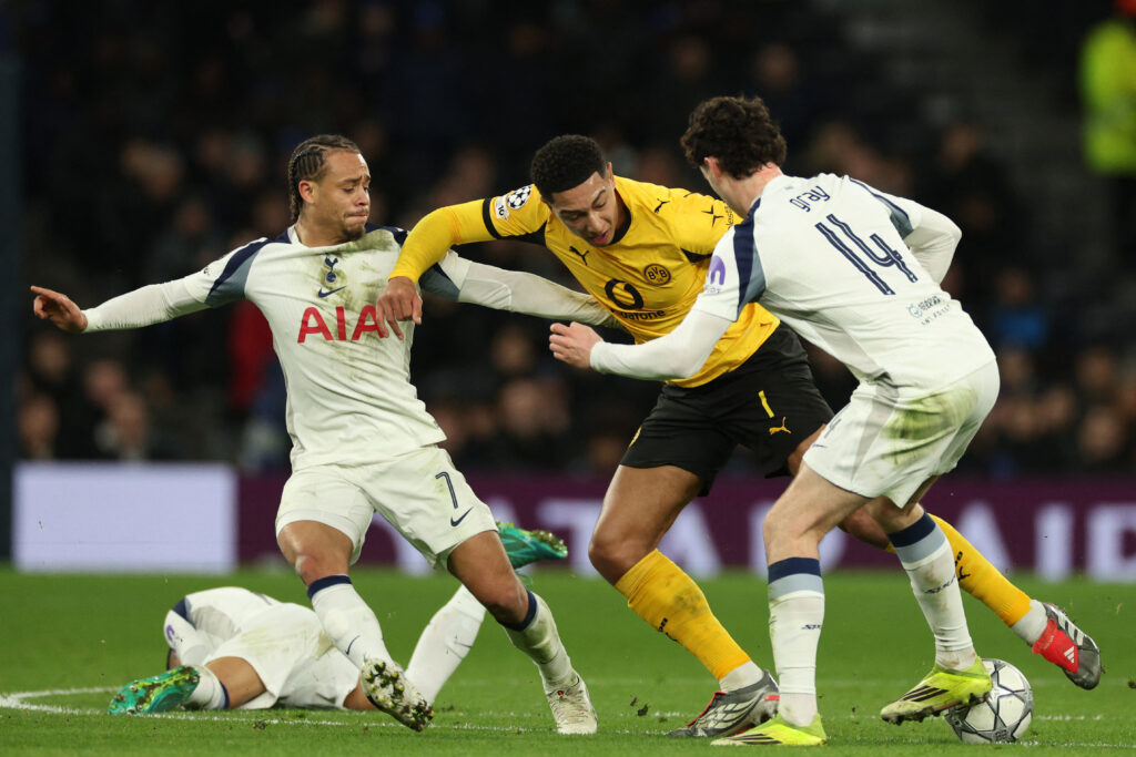 Xavi Simons gets stuck in for Tottenham