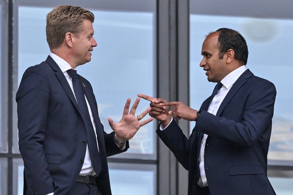 Johan Lange, Technical Director of Tottenham Hotspur and Vinai Venkatesham, Chief Executive of Tottenham Hotspur during the Premier League match between West Ham United and Tottenham Hotspur at London Stadium.