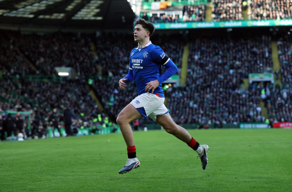 Mikey Moore celebrates a goal for Rangers.