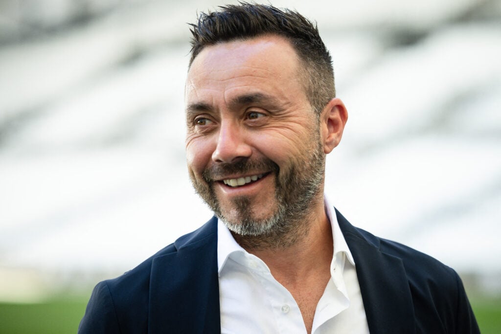 Marseille's newly recruited Italian head coach Roberto De Zerbi reacts after a press conference for his arrival at the Olympique de Marseille (OM) football club at the Velodrome Stadium.