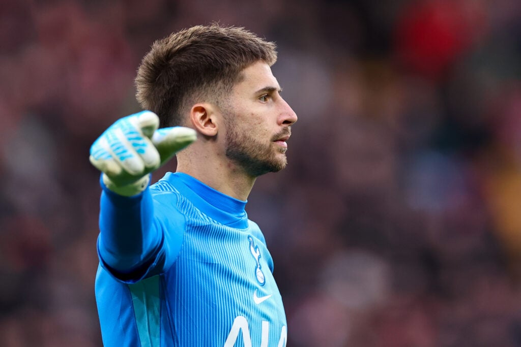 Guglielmo Vicario of Tottenham Hotspur during the Premier League match between Liverpool and Tottenham Hotspur at Anfield.