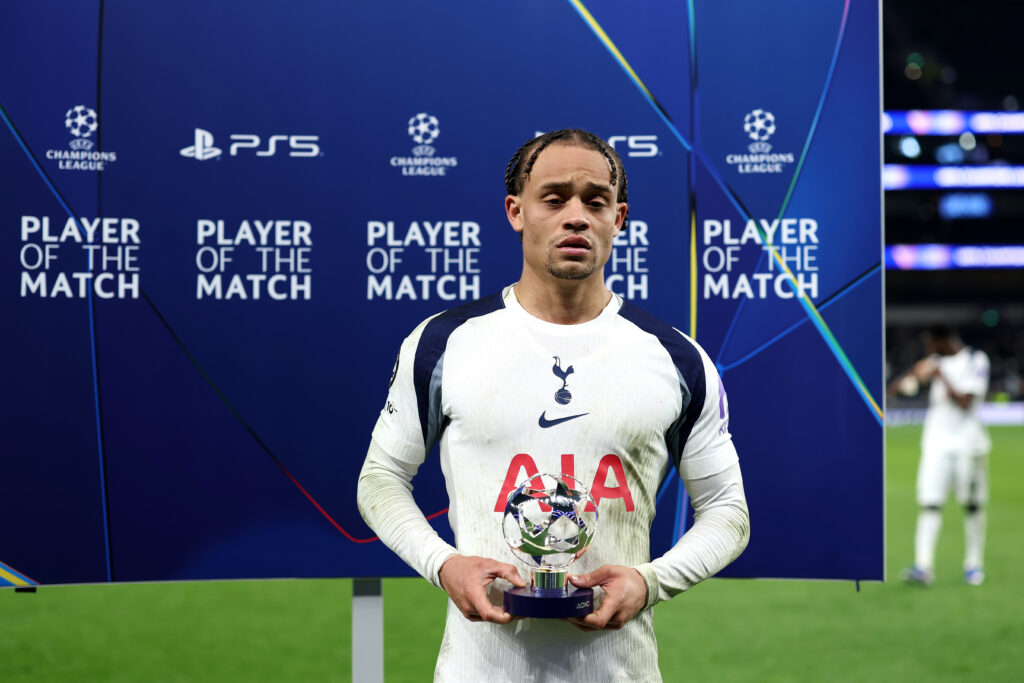 Xavi Simons of Tottenham Hotspur poses for a photo with the PlayStation Player Of The Match award after the UEFA Champions League 2025/26 Round of 16 Second Leg match between Tottenham Hotspur FC and Atletico de Madrid at Tottenham Hotspur Stadium.