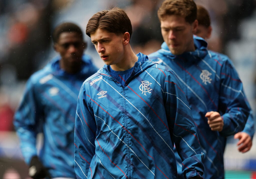 Mikey Moore of Rangers is seen warming up during the William Hill Premiership match between Rangers and Dundee United at Ibrox Stadium.