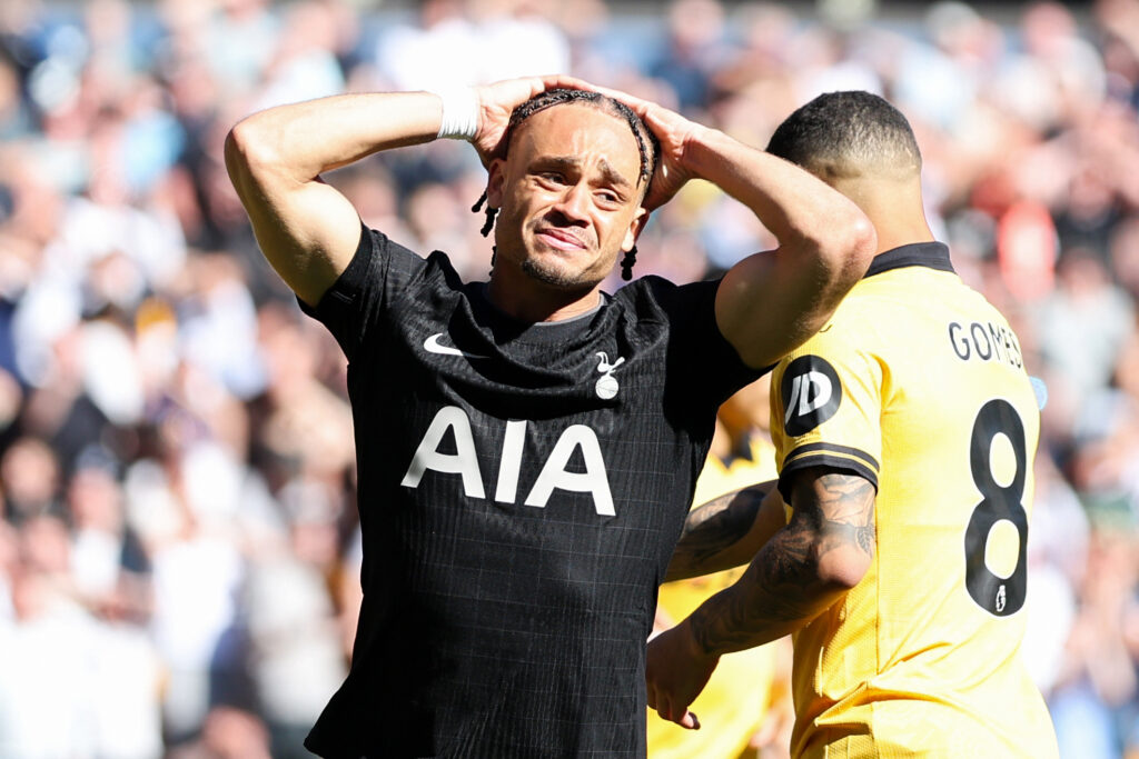 Tottenham star Xavi Simons looks distraught vs Wolves
