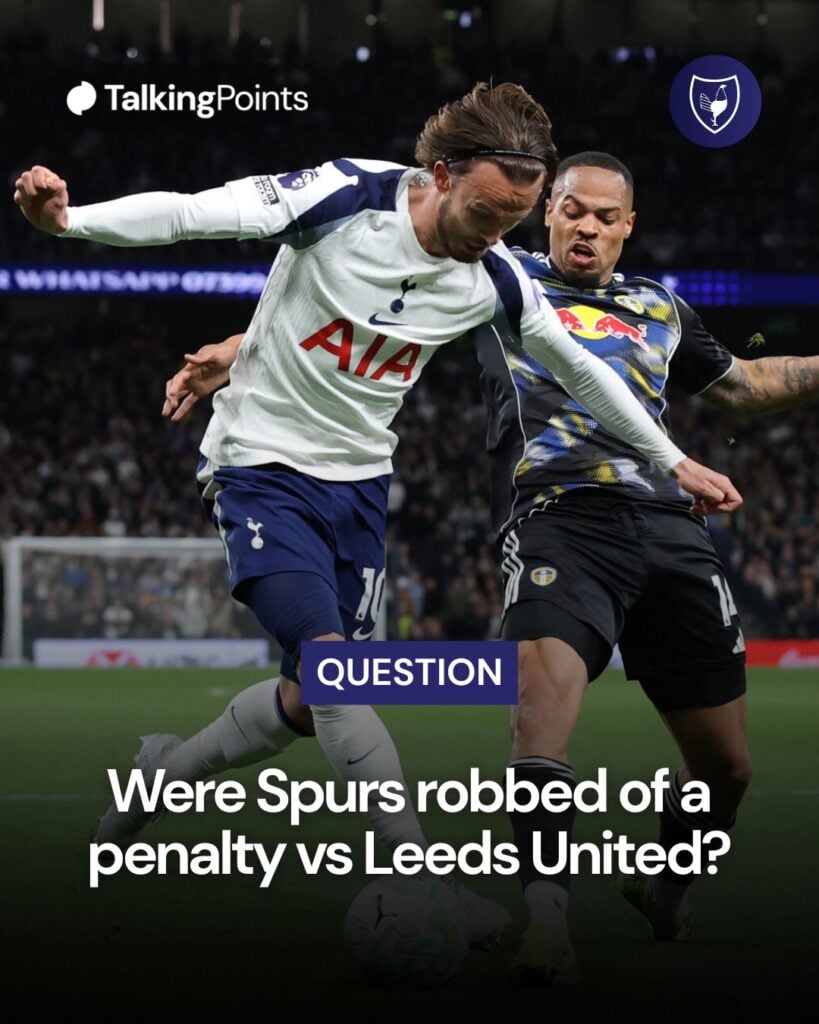 James Maddison of Tottenham Hotspur is tackled in the penalty box by Lukas Nmecha of Leeds United.