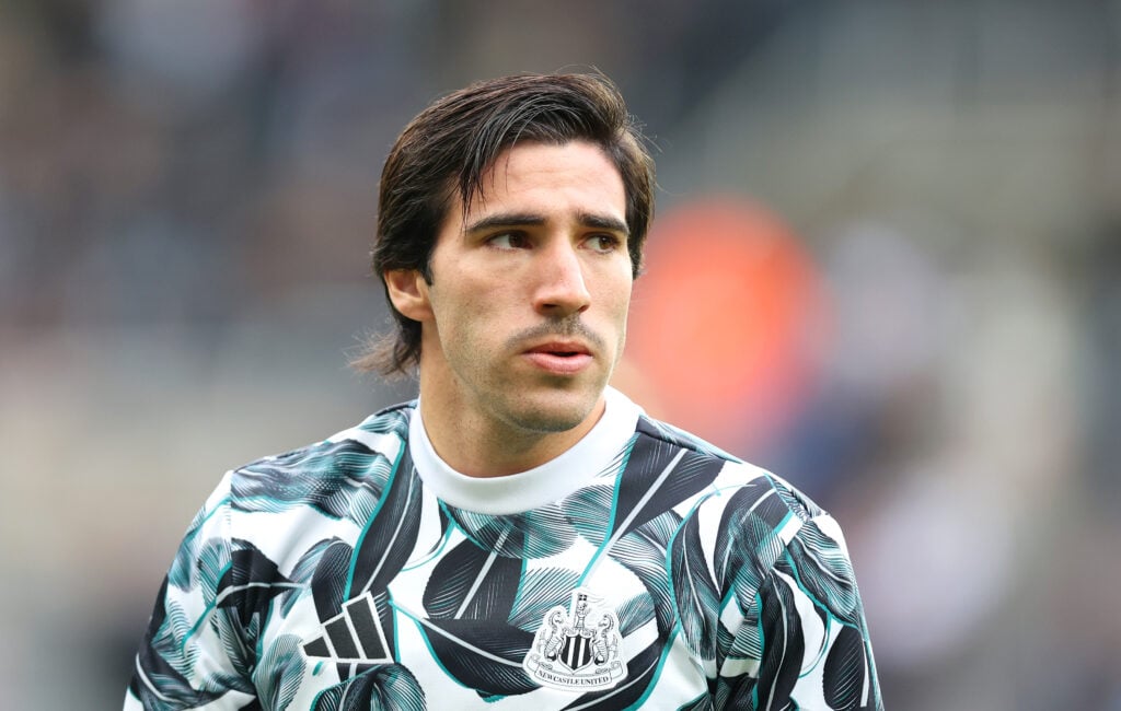 Sandro Tonali of Newcastle United looks on prior to the Premier League match between Newcastle United FC and Tottenham Hotspur FC at St James' Park.