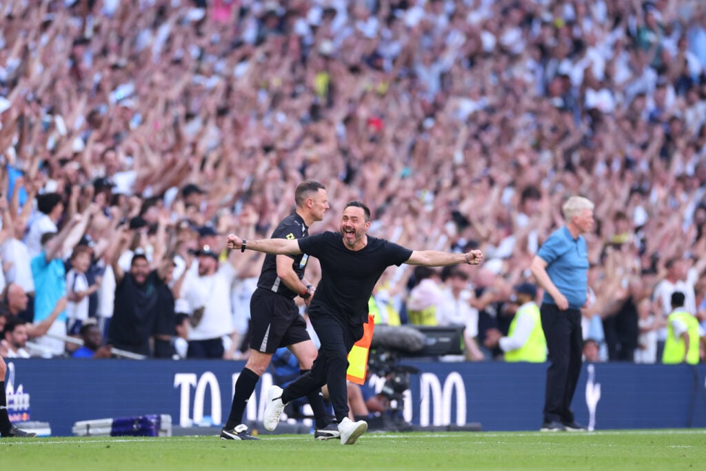 Roberto De Zerbi Head coach of Tottenham Hotspur celebrates at the final whistle as the clubs Premier League status is preserved during the Premier League match between Tottenham Hotspur and Everton at Tottenham Hotspur Stadium.