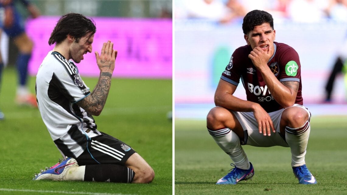 Newcastle midfielder Sandro Tonali and West Ham United's Mateus Fernandes.